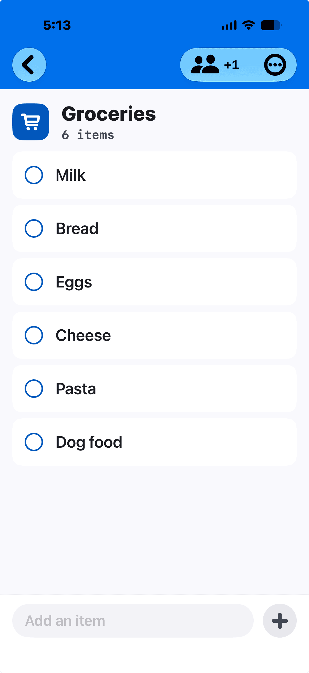 A shared Groceries list with Milk, Bread, Eggs, Cheese, Pasta and Dog food waiting to be ticked off